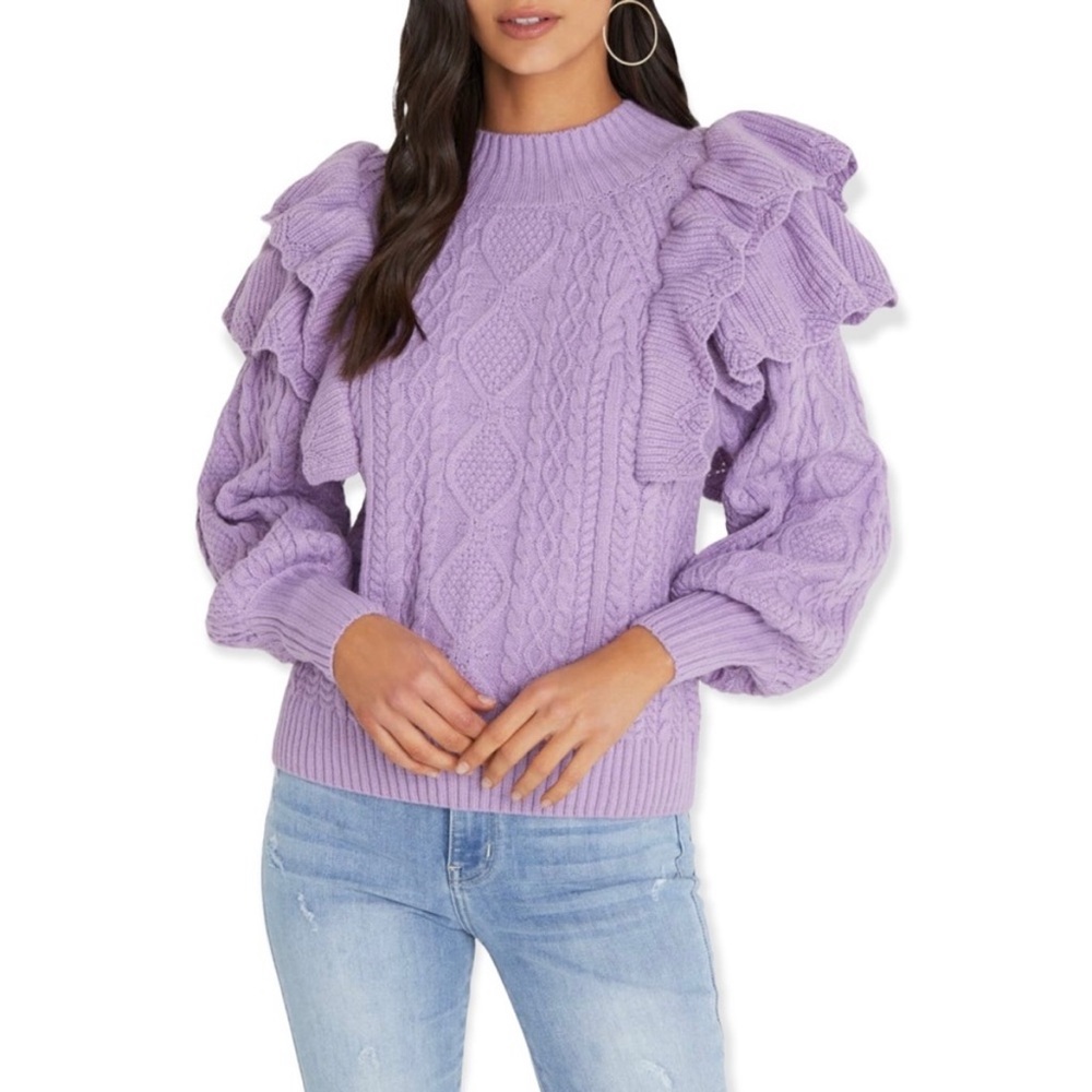 VICI Collection x Fate Ruffle Shoulder Cable Knit Sweater in Lilac size Medium